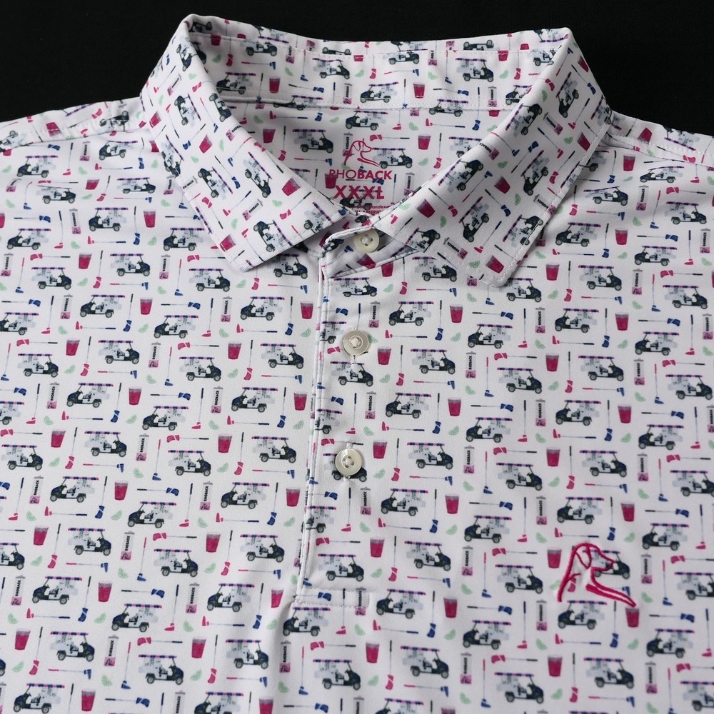 MINT! Rhoback Mens 3XL Polo Shirt Bev Golf Cart Drinks Print White Luxury Preppy